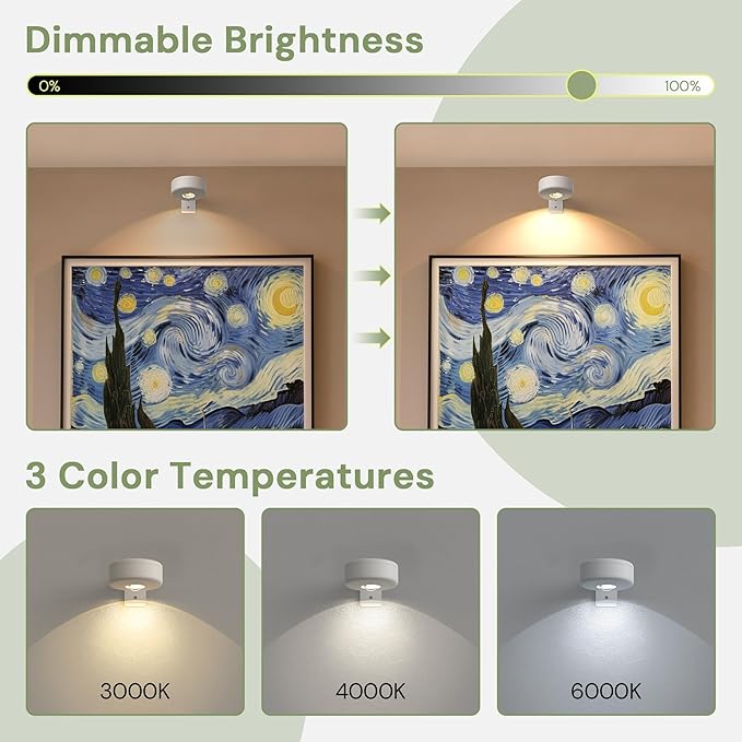 L LOHAS LED White Wireless Picture Lights for Wall, 3 Pack Magnetic Rechargeable AAA Battery Operated Picture Light with Remote & Timer, Dimmable 3CCT Art Light for Paintings, Frames, Gallery