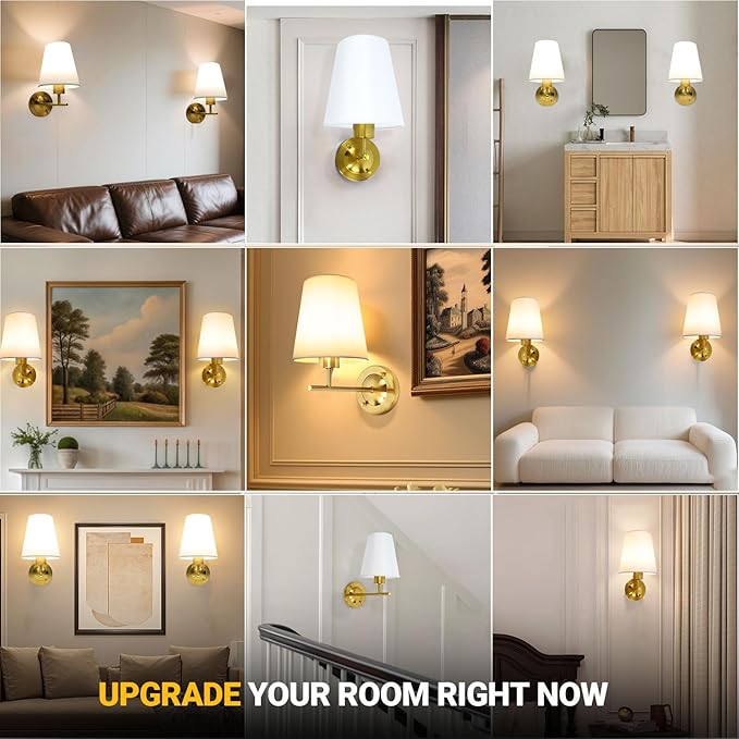 Battery Operated Wall Sconce Set of Two with Remote and Dimmable LED Bulbs, 12 Colors Cordless Rechargeable Wall Lights with Timer, Gold Wireless Wall Lamps for Bedroom Living Room Hallway Entryway