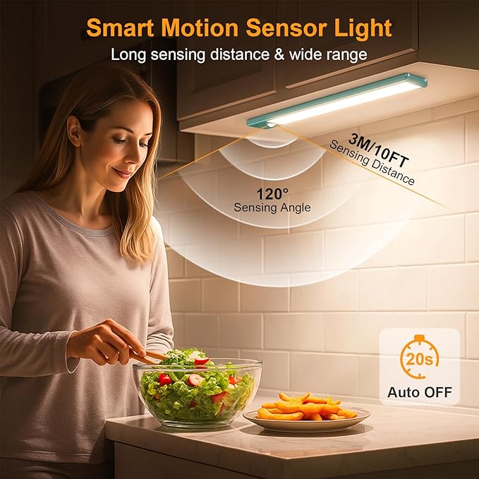 Gritin 10.2inch Under Cabinet Lighting Rechargeable 2 Pack- 3 Color Temps&5 Level Brightness, Super Bright, 4 Modes, Motion Sensor, Long Lasting - Easy Installation Magnetic Under Closet Lights-Green