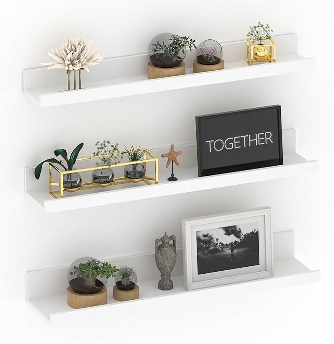 Giftgarden 24 Inch White Floating Shelves for Wall Mount, Modern Wood Wall Shelf Ledge for Bathroom Bedroom Living Room Kitchen Nursery Storage, Set of 3 Different Sizes