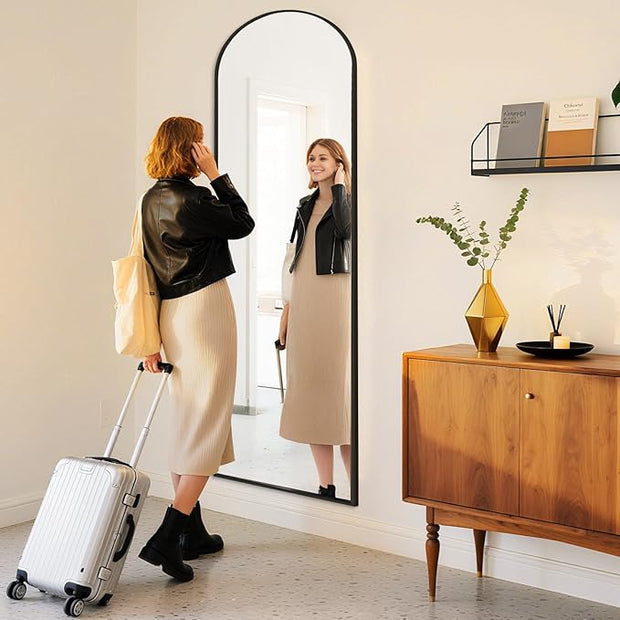 OLIXIS Arched Full Length Black Mirror 59.1"x16" for Bedroom, Full Body Mirror with Stand, Hanging or Leaning for Wall, Aluminum Alloy Thin Frame Floor Standing for Living Room