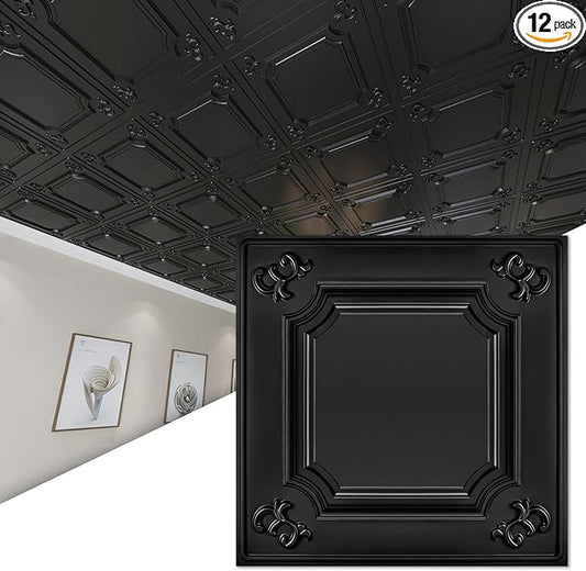 Art3d Drop Ceiling Tiles 24x24 in Black (12-Pack, 48 Sq.ft), Wainscoting Panels Glue Up 2x2