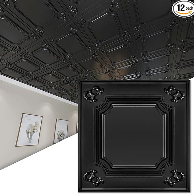 Art3d Drop Ceiling Tiles 24x24 in Black (12-Pack, 48 Sq.ft), Wainscoting Panels Glue Up 2x2