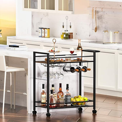 Bar Cart,Home Bar Serving Cart with Storage Shelves, 2 Tier Rolling Beverage Cart with Wheels, Modern Wine Cart with Wine Rack and Glass Holder for Kitchen, Living Room,Dinning Room,Brown