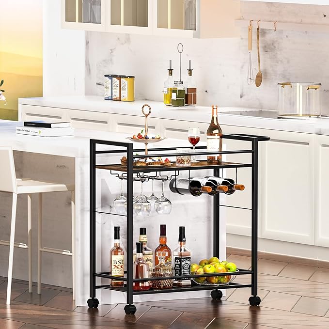Bar Cart,Home Bar Serving Cart with Storage Shelves, 2 Tier Rolling Beverage Cart with Wheels, Modern Wine Cart with Wine Rack and Glass Holder for Kitchen, Living Room,Dinning Room,Brown