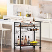 Bar Cart,Home Bar Serving Cart with Storage Shelves, 2 Tier Rolling Beverage Cart with Wheels, Modern Retro Brown Wine Cart with Wine Rack and Glass Holder for Kitchen, Dinning Room,Living Room