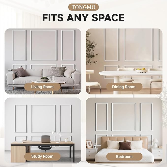 TONGMO 6-Frame Premade Accent Wall Molding Kit, Ready-to-Assemble Wainscoting Panels, Pre-Cut Chair Rail Moulding Trim for Home Décor (6-Frame Style 1)