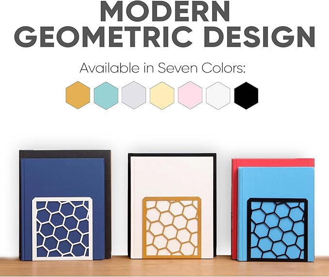 GEOMOD Geometric Honeycomb White Metal Bookends Decorative - Tall Sturdy Book Ends for Shelves - Modern Heavy Duty Bookend Stopper - Office or Home Book Shelf Book Holder - 6x3.25x6.25 Inches - 1 Pair