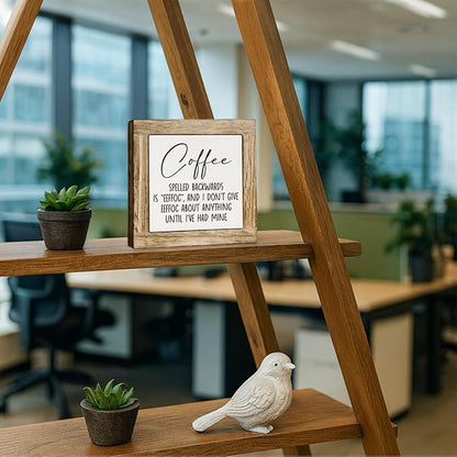 Farmhouse Coffee Wood Decor, Coffee Spelled Backwards Sign, Rustic Farmhouse Cafe Bar Decoration Accessories, Cafe Decor for Table, Funny Office Desk Decoration 5.9X5.9 Inches