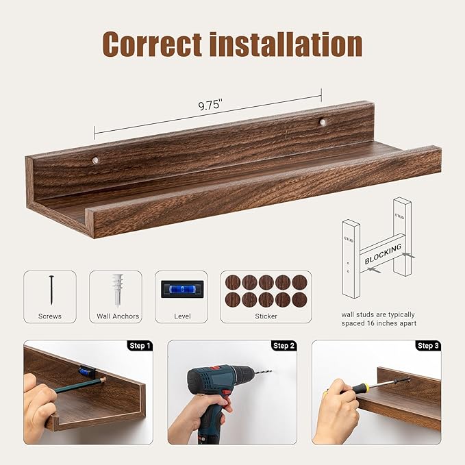 Heimlove 16 Inch Picture Ledge Shelf with Lip Set of 8,Walnut Floating Shelves for Wall,Wall Shelves in Varying Depths for Living Room Bedroom Bookshelf Photo Frames Nursery Book Shelves for Storage