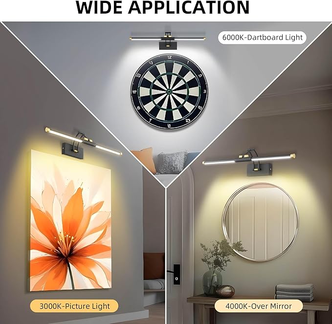 24“ Picture Lights for Wall, 8000mAh Rechargeable Wireless Picture Light with Remote, LED Wall Lights 3000K/4000K/6000K Dimmable, Art Lighting for Paintings Frame Gallery Dartboard, Black Gold