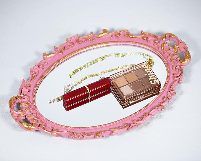 2PACK - Vintage Decorative Pink Framed Mirror, Wall Hanging Mirrors & Tabletop Tray for Bedroom Living Room Dresser Decor, Oval- 9.6