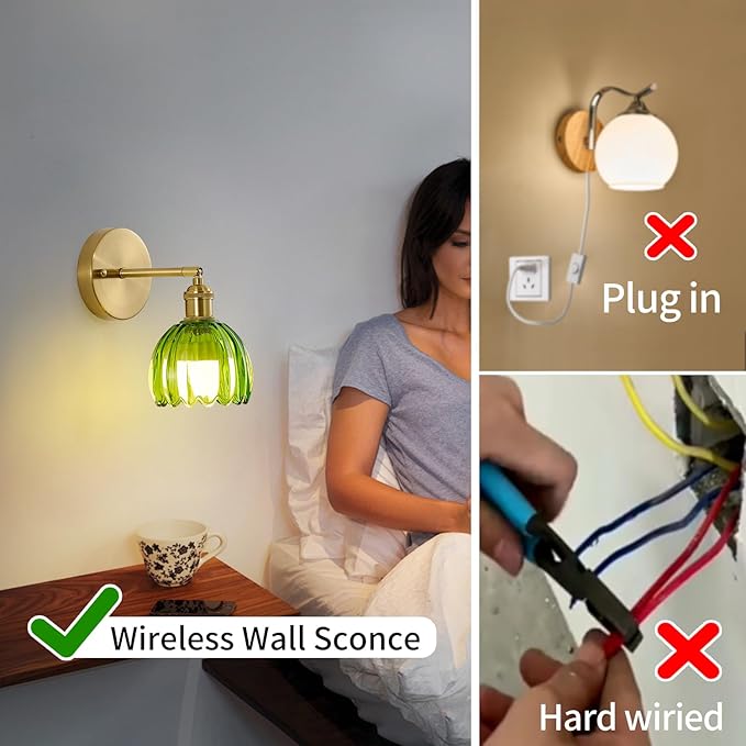 Vintage Battery Operated Wall Sconces with Remote, 180 Degree Adjustable, Modern Battery Powered Wall Lighting Fixture with Green Tulip Glass Lampshade for Bedroom Bedside Bathroom