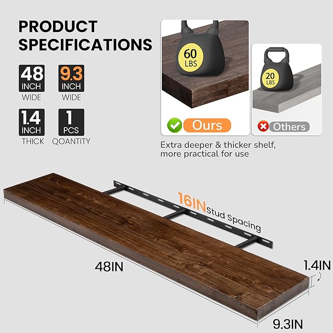 Fun Memories Floating Shelves for Wall, 48"x9.3" Rustic Solid Elm Wood Wall Shelves, Heavy-Duty Mounted Shelves with Invisible Brackets for Living Room, Bedroom, Kitchen, Walnut Finish
