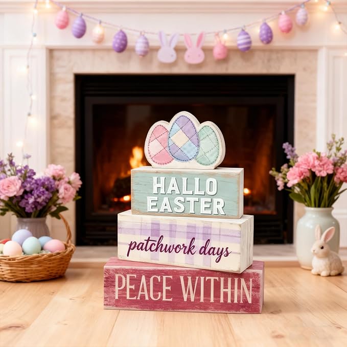 Easter Decorations - Easter Eggs Patchwork Tiered Tray Decor - Wooden Easter Tabletop Sign - Rustic Farmhouse Spring Home Decor Indoor for Tiered Tray Shelf Mantel Entryway Coffee Table - Spring Home Decor for Living Room, Kitchen Counter