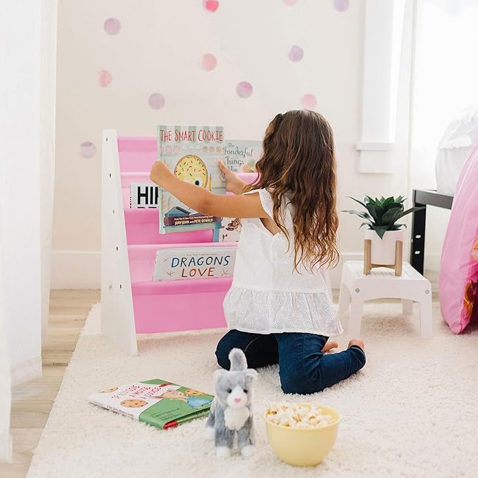 Wildkin Vegan Leather Sling Bookshelf for Kids – Premium Easy Clean Sling Canvas Design with 4 Fabric Shelves, Organizer for Home or Classroom - White w/Multi-Pink