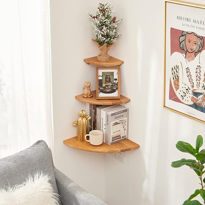 Oak Corner Shelf 9 inches Natural Wood Floating Corner Shelves Round End Wall Mounted Display Shelf Corner Plant Stand for Bathroom Kitchen Bedroom Livingroom Floating Shelves