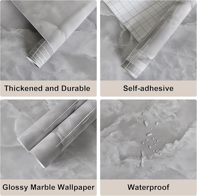 JSEVEM 24"×197" Wide Thick Grey White Cloud Pattern Marble Wallpaper Peel and Stick Waterproof Glossy Textured Gray White Marble Contact Paper Vinyl DIY Removable Wall Stickers for Bedroom Living Room