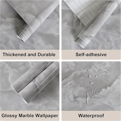 JSEVEM 16"×118" Thick Grey White Cloud Pattern Marble Wallpaper Peel and Stick Vinyl Gray White Marble Contact Paper for Cabinet Waterproof Glossy Granite Wall Sticker for Walls Table Desk Countertops