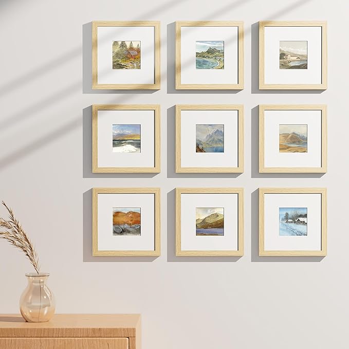 Vittanly 8x8 Picture Frames Set of 9, Shatter Resistant Plexiglass, Display 4x4 Pictures with Mat or 8x8 without Mat, Photo Frames for Wall Mount, Engineered Wood, OAK