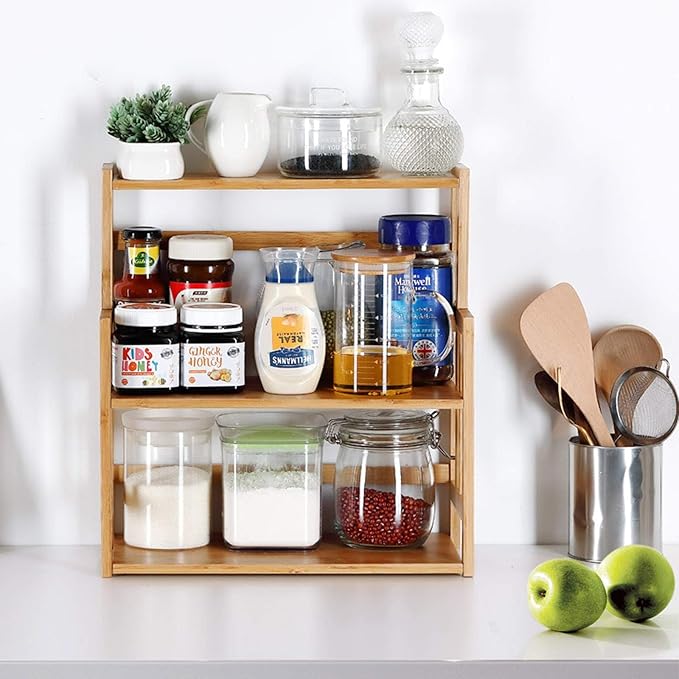 HYNAWIN Bamboo Spice Rack 3-Tier Kitchen Countertop Organizer, Adjustable Shelf Pantry Storage Stand for Herbs, Jars, and Bottles