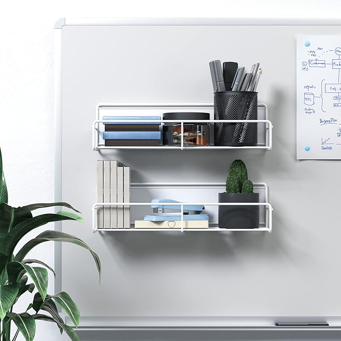 2 Pack White Magnetic Spice Rack Organizer, Space Saver for Refrigerator and Whiteboard, Metal Fridge Shelf for Kitchen and Classroom