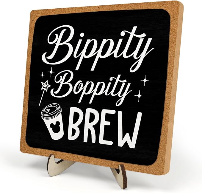 Coffee Bar Sign Plaque Decor,Bippity Boppity Brew Desk Decor for Kitchen,Coffee Bar Accessorie,Cute Wooden Tabletop Plaque, Rustic Farmhouse Shelf Sign for Home or Office Decoration 5.9x5.9Inch (Black)