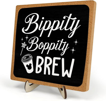 Coffee Bar Sign Plaque Decor,Bippity Boppity Brew Desk Decor for Kitchen,Coffee Bar Accessorie,Cute Wooden Tabletop Plaque, Rustic Farmhouse Shelf Sign for Home or Office Decoration 5.9x5.9Inch (Black)