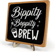 Coffee Bar Sign Plaque Decor,Bippity Boppity Brew Desk Decor for Kitchen,Coffee Bar Accessorie,Cute Wooden Tabletop Plaque, Rustic Farmhouse Shelf Sign for Home or Office Decoration 5.9x5.9Inch (Black)