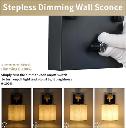 Boho Wall Sconces, Hardwired Farmhouse Fabric Wall Lamps with Wooden Arm & On/Off Dimmable Switch,Rustic Indoor Wall Mount Light Fixtures for Bedroom Nursery Living Room Bathroom