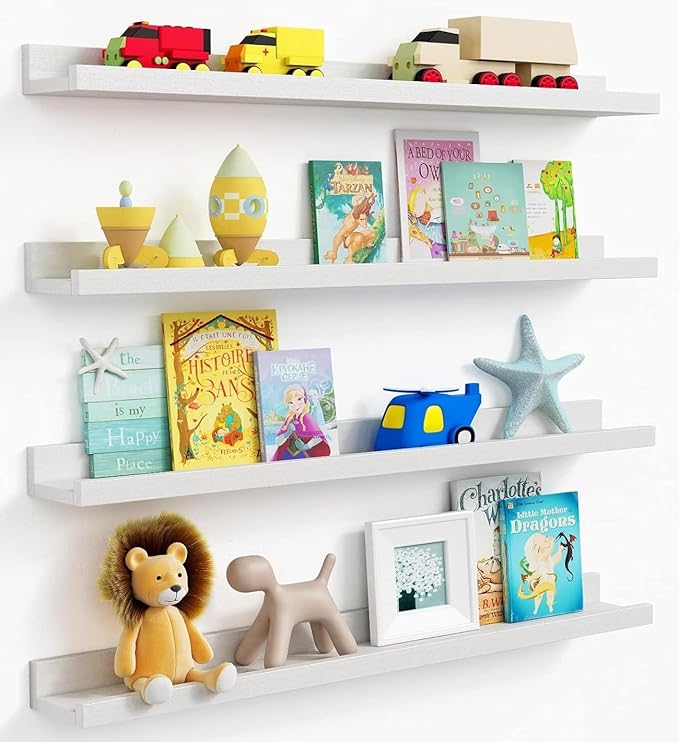 Forbena 36 Inch Floating Shelves for Wall 4-Pack, Large Nursery Book Shelves Bookshelf for Kids Bedroom, Long Picture Ledge Shelf with Lip for Living Room Photo Frames Art Display (White Solid Wood)