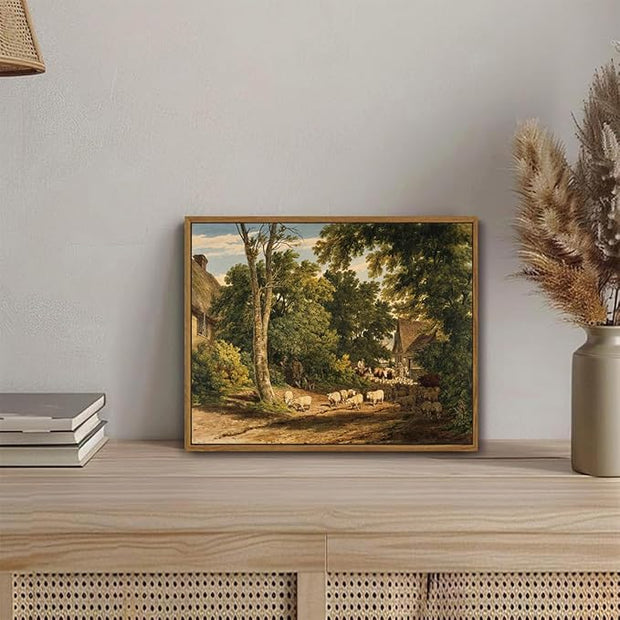 OIQArtOIQ Vintage Framed Wall Art Rural Farm Scene Canvas Art Prints Countryside Landscape Pictures Wall Decor Modern Rustic Farmhouse Paintings Artwork For Bedroom Bathroom Office Living Room