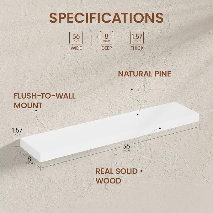 Heimlove 36 Inch Floating Shelves for Wall White Shelves Set of 2,Wall Mounted Rustic Wood 8 Inch Deep Floating Shelf with Invisible Brackets for Bedroom Kitchen Living Room