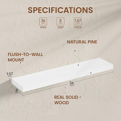 Heimlove 36 Inch Floating Shelves for Wall White Shelves Set of 2,Wall Mounted Rustic Wood 8 Inch Deep Floating Shelf with Invisible Brackets for Bedroom Kitchen Living Room