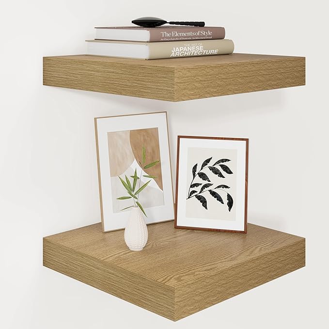 Vivelove 12 Inch Deep Floating Shelves 12 inch Long, 2 Inch Thick Wall Shelves with Invisible Brackets, Shelf for Bedroom Bathroom Living Room Kitchen Office Home Decor, Modern Shelf Set of 2, Oak