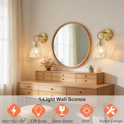 Wall Sconce 1-Light Hardwired Wall Mount Modern Farmhouse Vanity Light Fixtures with 6 Inch Clear Striped Glass Shade, Gold Wall Lights for Bathroom, Bedroom, Living Room, Mirror, Kitchen