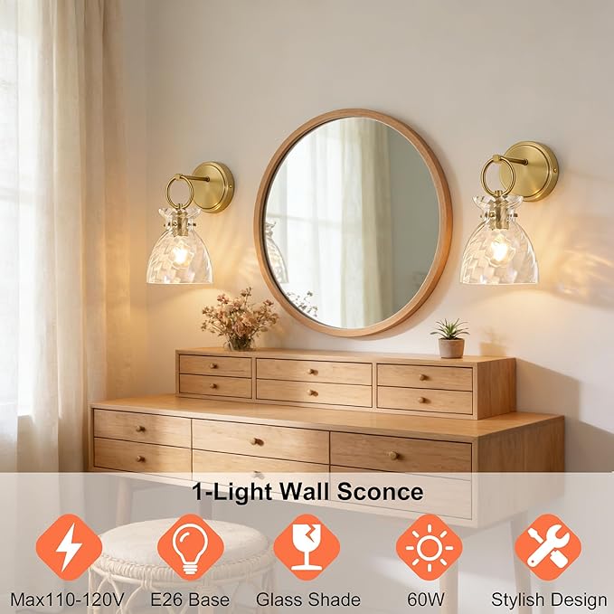 Wall Sconce 1-Light Hardwired Wall Mount Modern Farmhouse Vanity Light Fixtures with 6 Inch Clear Striped Glass Shade, Gold Wall Lights for Bathroom, Bedroom, Living Room, Mirror, Kitchen