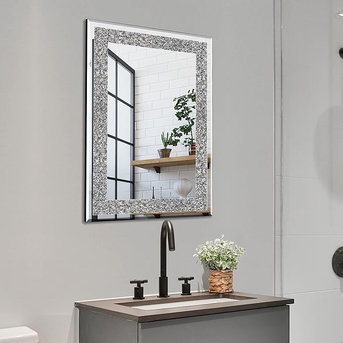 Ruomeng Wall Mirror Rectangular Crystal Crush Diamond Mirror for Home Decoration Accent Mirror for Bathroom, Entryway and Bedroom, 20" x 28"
