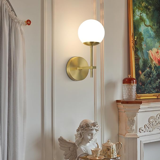 BOKT Brushed Gold Wall Sconce Mid Century Modern 1-Light Globe Round Wall Light Fixture Vintage Bathroom Vanity Wall Sconce Lighting Frosted White Glass Bar Wall Lamp