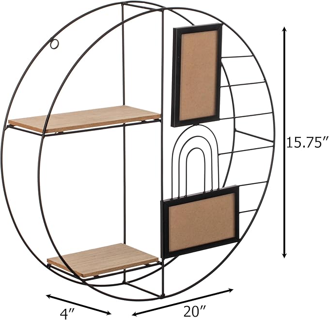Vintiquewise 2-Tier Decorative Floating Circular Silhouette Wall Shelf with 2 Photo Frames - Circular Metal and Wood Wall-Mounted Shelf for Entryway, Bathroom, Bedroom, and Living Room Decor, Black