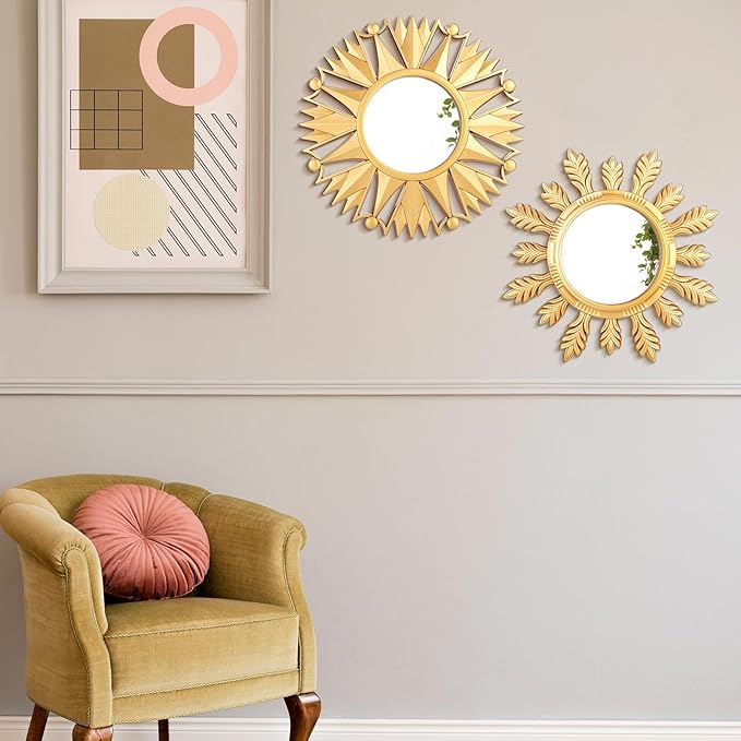 Dandat Set of 4 Gold Mirrors for Wall Decor Small Circle Flowers Mirrors Decorative Silvery Hanging Wall Art Flowers Mirror for Home Living Dinning Room Bedroom Bathroom Boho Art Gifts(Gold)