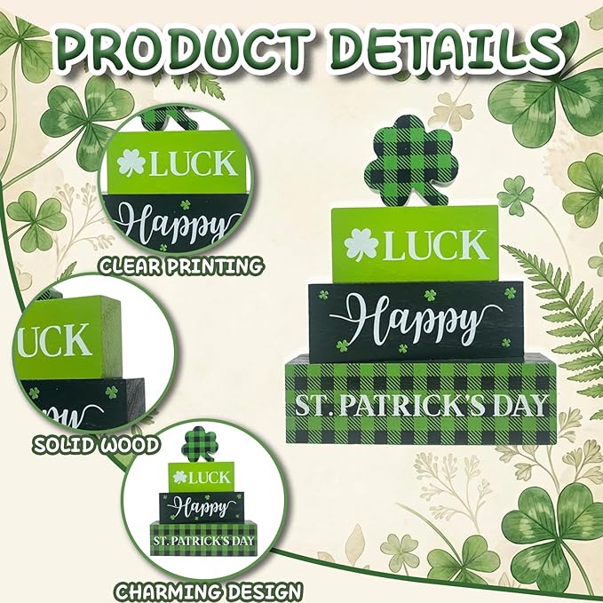 St. Patrick's Day Decorations, 4 Pcs Wooden St. Patrick's Day Table Decorations, Shamrock Tiered Tray Decor, Wooden Table Sign for Desk Shelf Mantel Centerpiece, Indoor Home Decor
