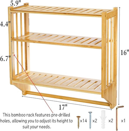 Goaste Bamboo Over The Toilet Storage Shelf, 3-Tier Wall Mounted Bamboo Rack Organizer, Floating Rack with Hanging Rod, Free Standing Shower Shelf with Adjustable Layer for Kitchen, Bathroom, Home