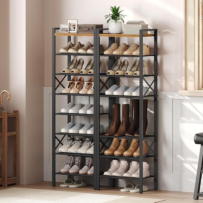 8-Tier Narrow Shoe Rack, Tall Shoe Rack for 8-16 Pairs, Slim Shoe Storage Organizer with Wooden Top, Space Saving, Metal Frame, for Entryway, Rustic Brown and Black SS608BR