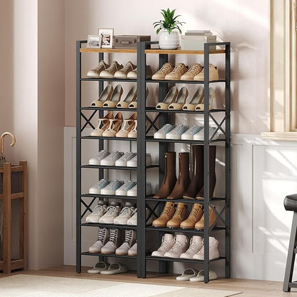 8-Tier Narrow Shoe Rack, Tall Shoe Rack for 8-16 Pairs, Slim Shoe Storage Organizer with Wooden Top, Space Saving, Metal Frame, for Entryway, Rustic Brown and Black SS608BR