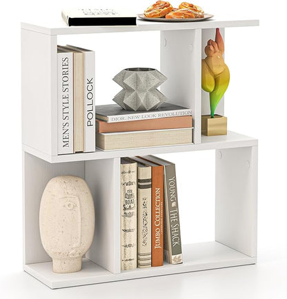 Tangkula 3 Tier Geometric Bookshelf, S Shaped Open Bookcase with Storage, Home Office Decor, Freestanding Wood Display Shelf for Living Room Study, Small Bookshelf for Small Spaces (1, White)