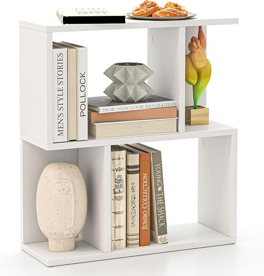 Tangkula 3 Tier Geometric Bookshelf, S Shaped Open Bookcase with Storage, Home Office Decor, Freestanding Wood Display Shelf for Living Room Study, Small Bookshelf for Small Spaces (1, White)