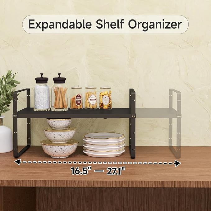 16.5-27’’L Expandable Stackable Cabinet Shelves, Adjustable Spice Rack Cabinet Shelf Organizer for Kitchen, Countertop, Pantry and Cupboard, Black