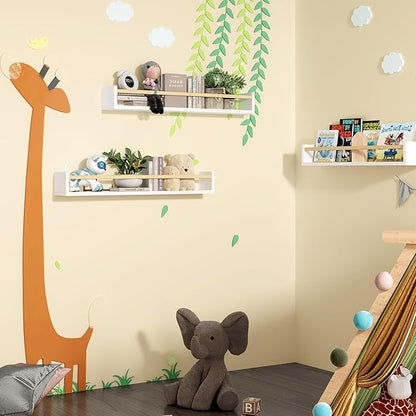 Fixwal Nursery Book Shelves, 23.6 Inch Floating Bookshelves for Wall Set of 3, Baby Nursery Decor, Solid Wood Wall Mounted Shelves for Books, Toys and Decor Storage (White and Natural Wood)