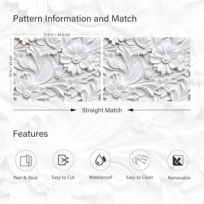LACHEERY 3D Floral Wallpaper Peel and Stick Faux Embossed Wallpaper 17.5"x276" White Flower Wallpapers Vinyl Floral Contact Paper Peel and Stick Accent Wall Paper for Bedroom Bathroom Walls Cabinets